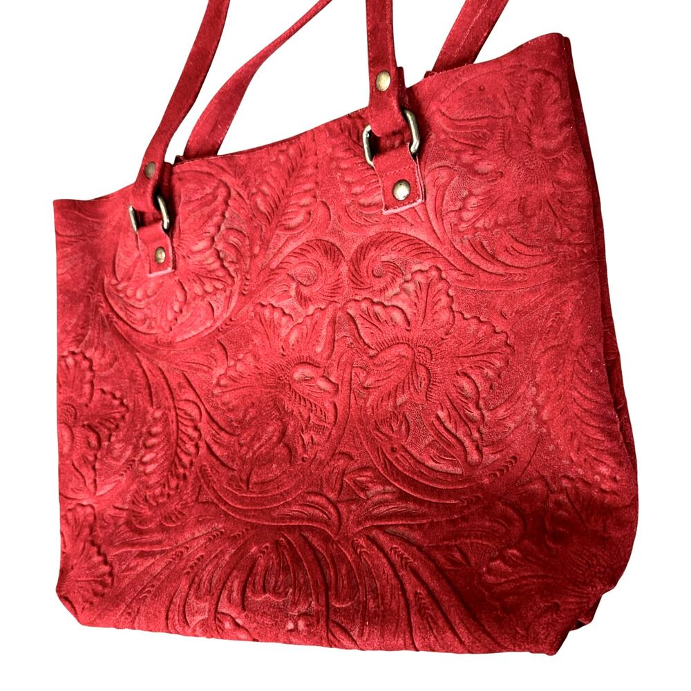 Handmade Womens Genuine Suede Leather Shoulder Tote Bag with Cosmetic Purse Red - Picture 2 of 9